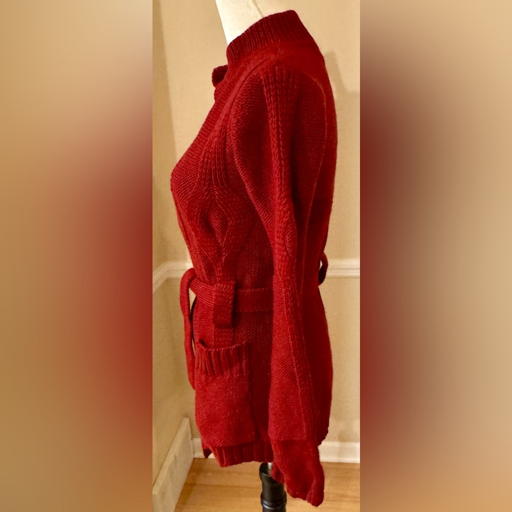 Vintage Macy’s Brick Red 100% Wool Tie Wrap Sweater Cardigan - Picture 8 of 10